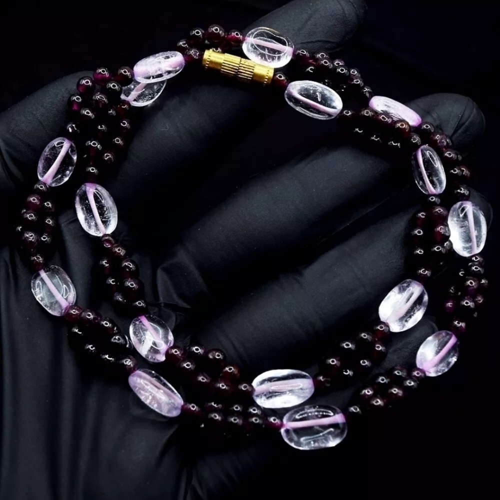 Red Garnet & White Clear Quartz 136 Cts Beaded Natural Gemstone 17" Necklace - Picture 2 of 8